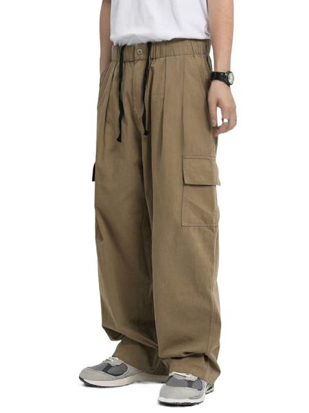 

men flap pocket side drawstring waist cargo pants a8sv#, Black