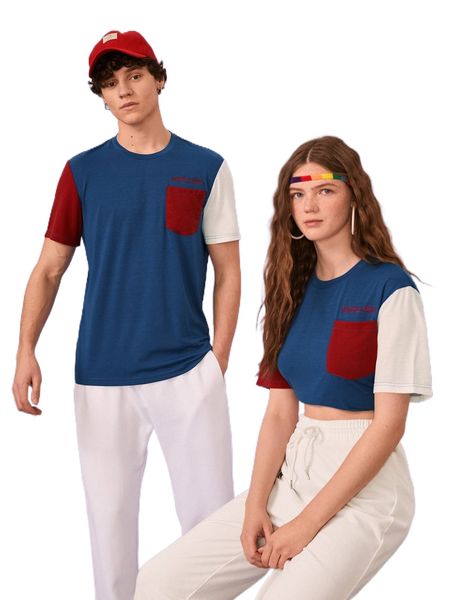 

1pc color block letter embroidery pocket patched tee a9ps#, White;black