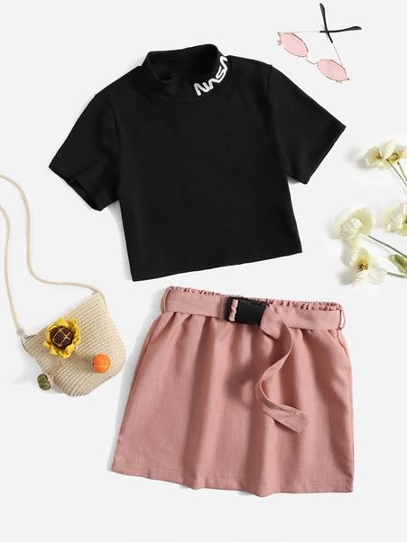 

girls letter graphic mock neck tee & buckled belted skirt she, White