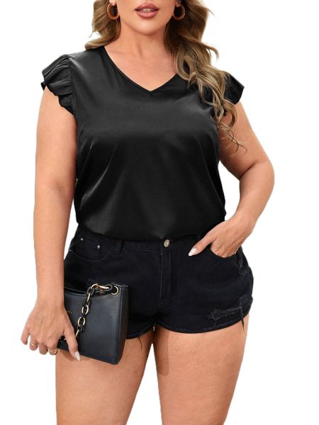 

plus v-neck butterfly sleeve satin blouse k0uf#, Black