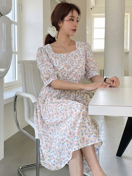 

dazy ditsy floral print square neck puff sleeve dress t4kf#, Black;gray