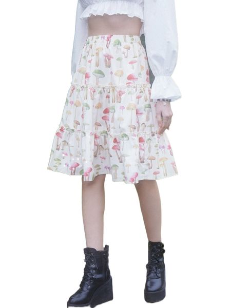 

romwe fairy grunge mushroom print frill trim skirt u56s#, Black