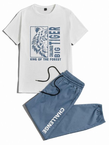 

men slogan & tiger print tee and pants set r4mz#, Gray