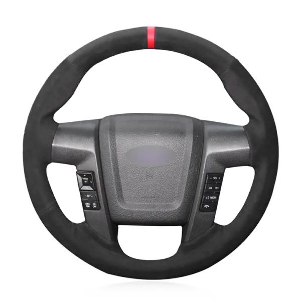 

diy hand-stitched black suede anti-slip car steering wheel cover for ford f-150 f150 automotive interior