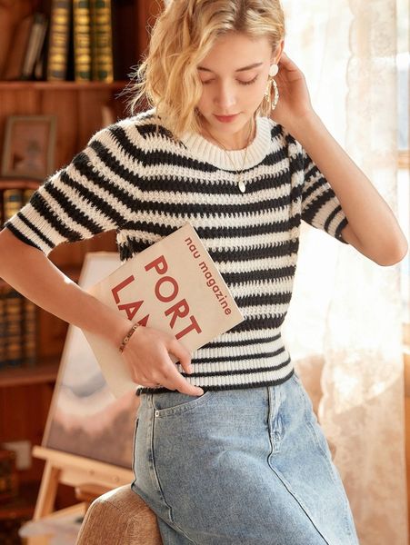 

knit mix stripe pattern knit q2pm#, White;black