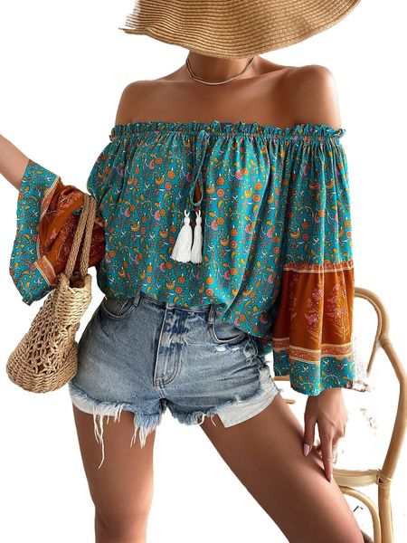 

allover floral print off the shoulder tassel tie front blouse t9ky#, White