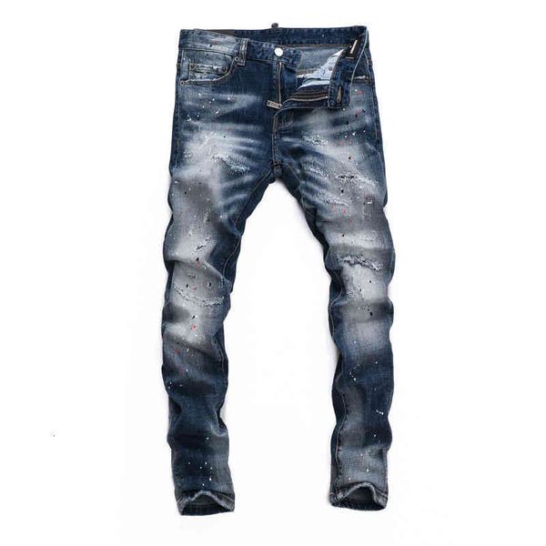 

men's jeans fashionable style high street beggar slim fit spray paint fashion brand small feet high-end pierced jeans men 8yit, Blue
