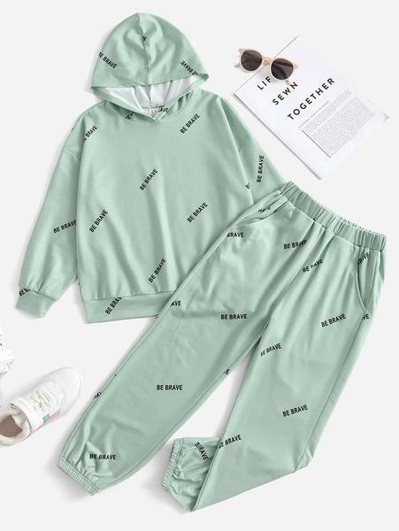 

girls letter graphic hoodie & sweatpants set she, White