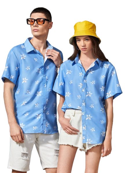 

1pc floral print button up shirt s4a6#, White;black