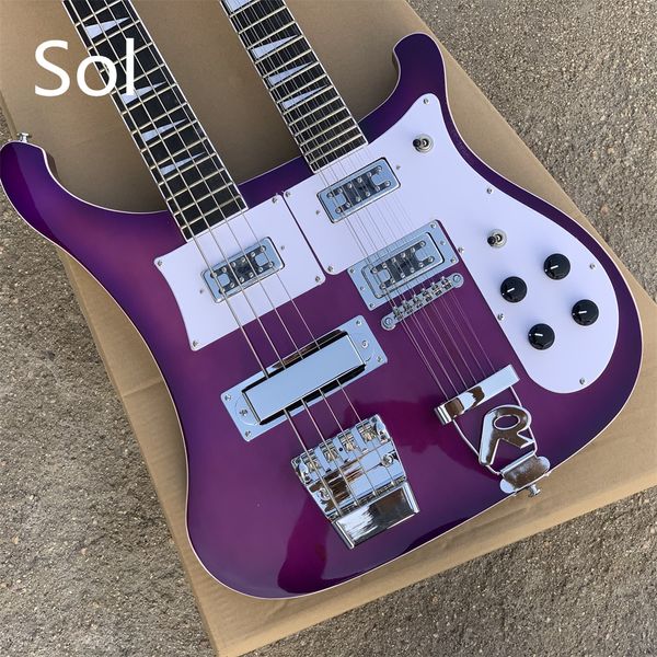 

in stock double neck purple body electric bass guitar with white pickguard chrome hardware provide custom service immediate delivery