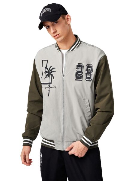 

men letter & palm tree print striped trim bomber jacket i4h7#, Black;brown
