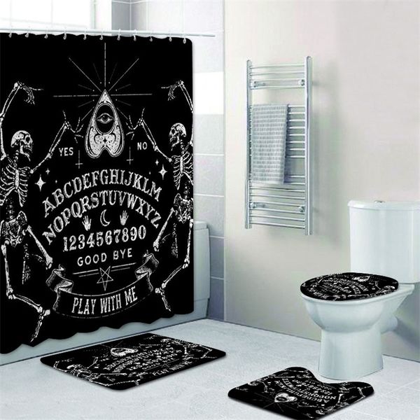 Divertente Danza Scheletro Magico Bordo Ouija Bagno Tenda da doccia Nero Teschio Spirito Tappetini da bagno Tappeti Strega Halloween Home Decor 220429