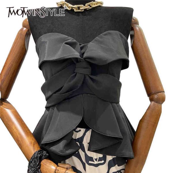 

black patchwork ruffle bowknot shirt for women sleeveless slim short blouse female fashion clothing 210423, White