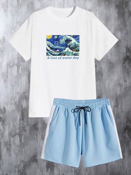 

men wave & letter graphic tee & drawstring waist shorts f9vi#, Gray