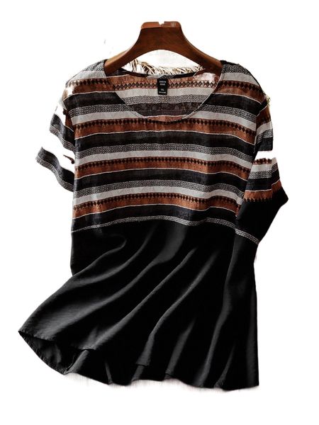 

plus striped & geo print blouse t5ys#, Black