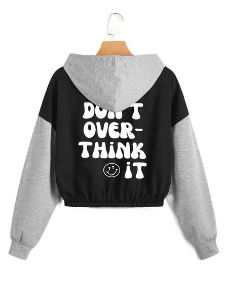 

slogan graphic colorblock crop drawstring hoodie m9gt#, Black