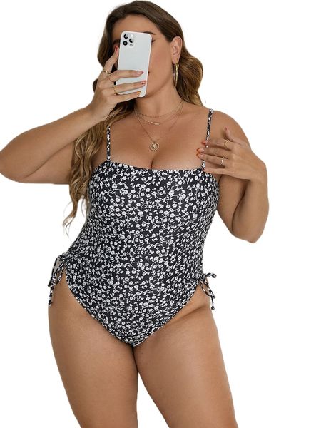 

plus ditsy floral drawstring side one piece swimsuit x1pn#, White;black