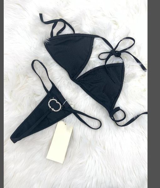Lüks bikini mayo tanga g-string seti 2022 yeni tasarımcı seksi büyük harfli metal mayo siyah iki parçalı bikinis seti mayolar s-Xl