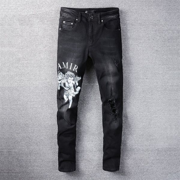 

black letter angel printing slim jeans mens jeans skinny streetwear motorcycle pants hip hop men los hombres 220718, Blue