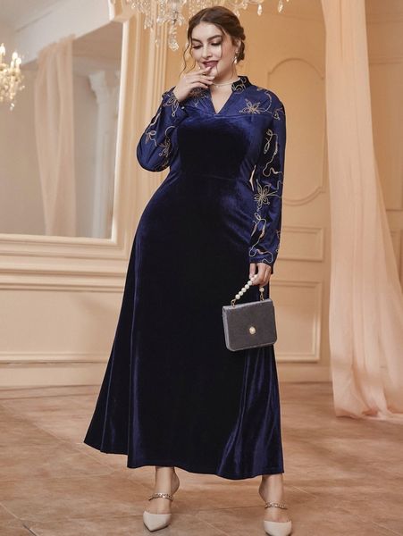 

plus floral embroidery panel velvet prom dress j8xh#, Black