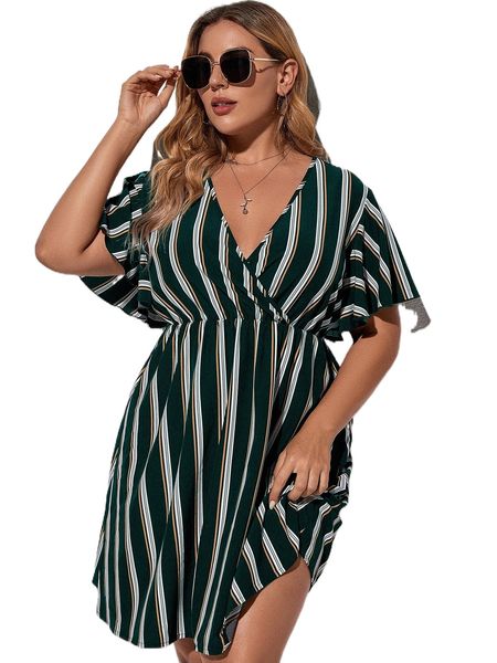 

plus striped surplice neck a-line dress w8bl#, Black
