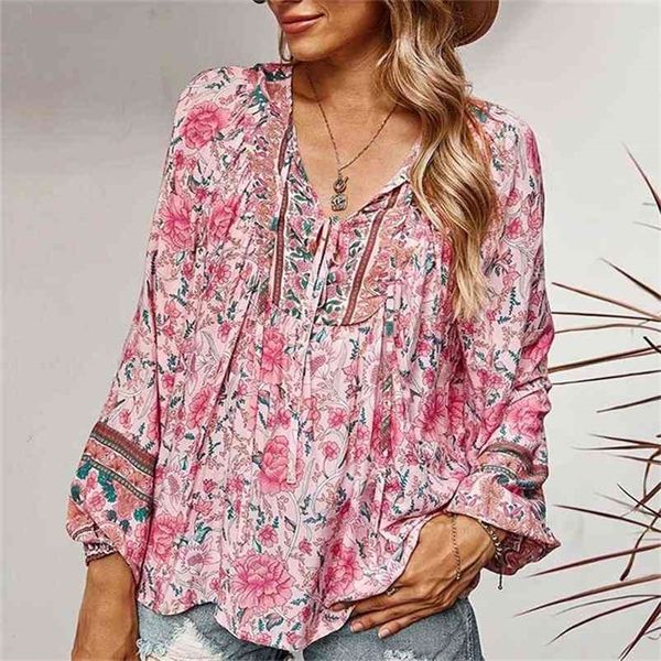 

boho inspired long sleeve women blouse shirt floral print boho shirts tie v-neck pink women rayon spring summer blouse 210412, White