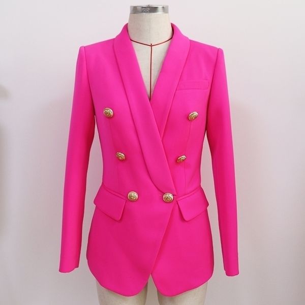 

designer classic blazer jacket womens slim double breasted metal lion buttons shawl collar blazer pink y201026, White;black