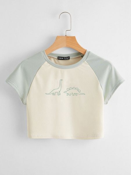 

dinosaur print ribbed crop baseball tee 75mi#, White