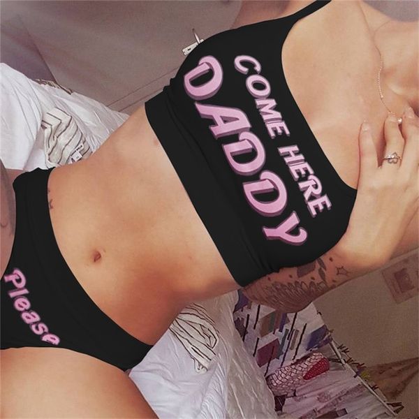 

est arrival women sets come here daddy letter print vest underpants cropped feminino pajamas set style 220527, Black;red
