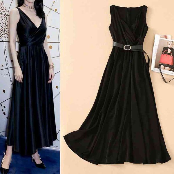 

casual dresses summer shenzhen nanyou women's cross v-neck waist closed large hem sleeveless vest skirt long black skirt, Black;gray