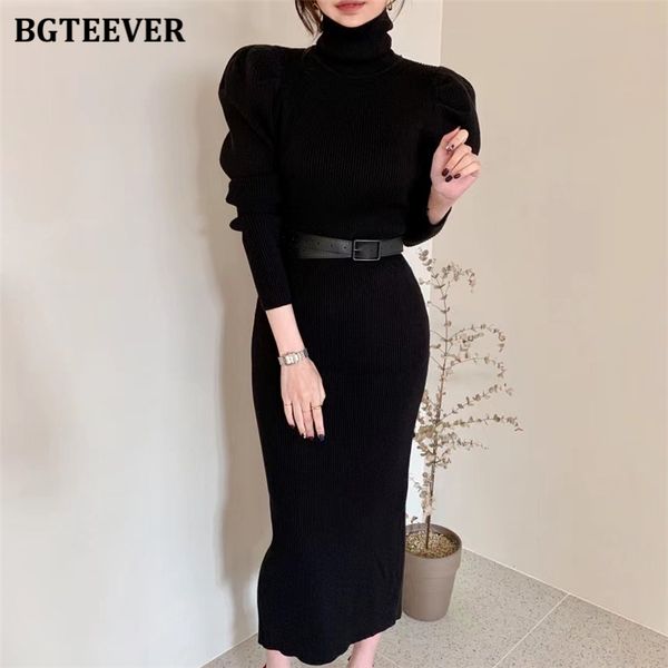 

bgteever elegant turtleneck puff sleeve black knitted long dress women autumn winter slim belted split female sweater vestidos, Black;gray