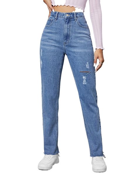 

high waist ripped cat whisker jeans a805#, Blue
