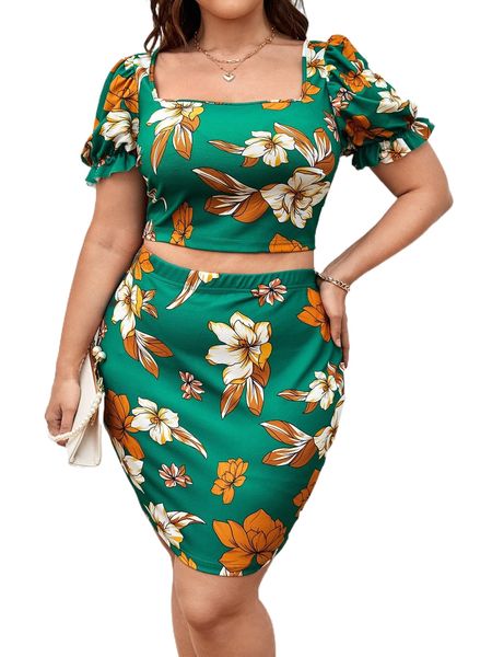 

plus floral print flounce sleeve crop & skirt set d0on#, Black