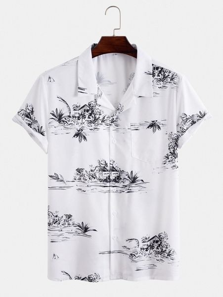 

men landscape print patched pocket shirt p01z#, White;black