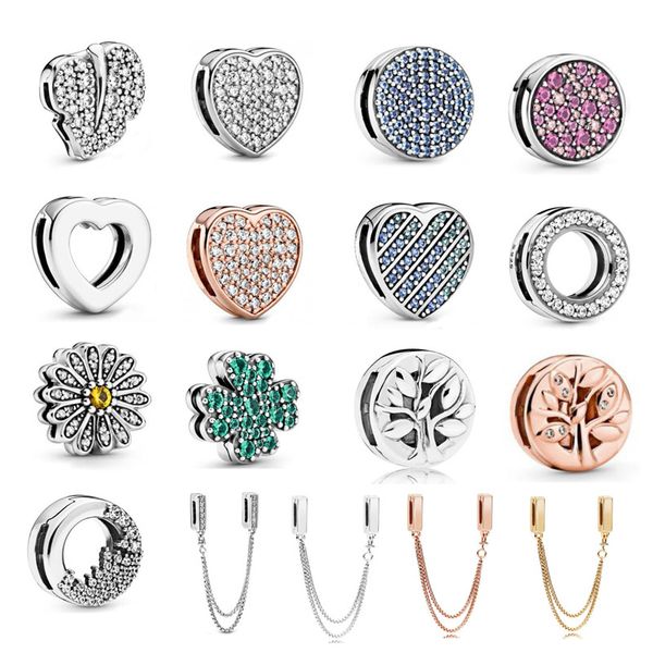 

925 sterling silver charm reflexions pave four-leaf clover daisy flower butterfly clip beads safety chain blue pave circle shaped charms 798, Bronze;silver