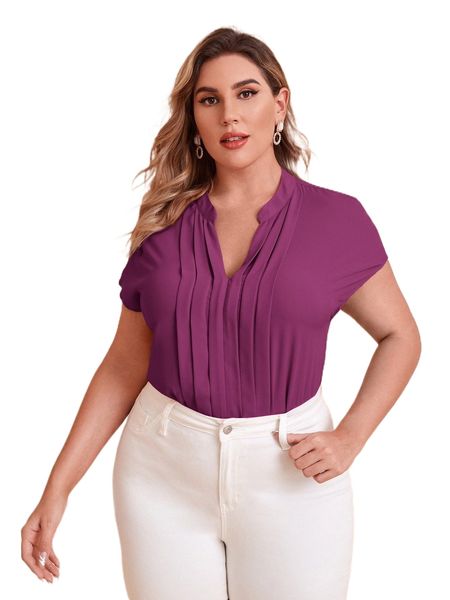 

plus notch neck batwing sleeve pleated e5tg#, Black