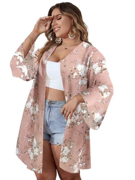 

plus floral print batwing sleeve chiffon kimono h3sv#, Black;gray