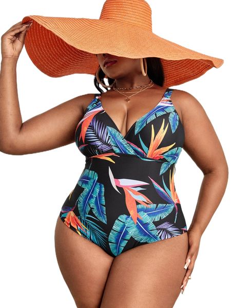 

plus tropical print one piece swimsuit v6nx#, White;black