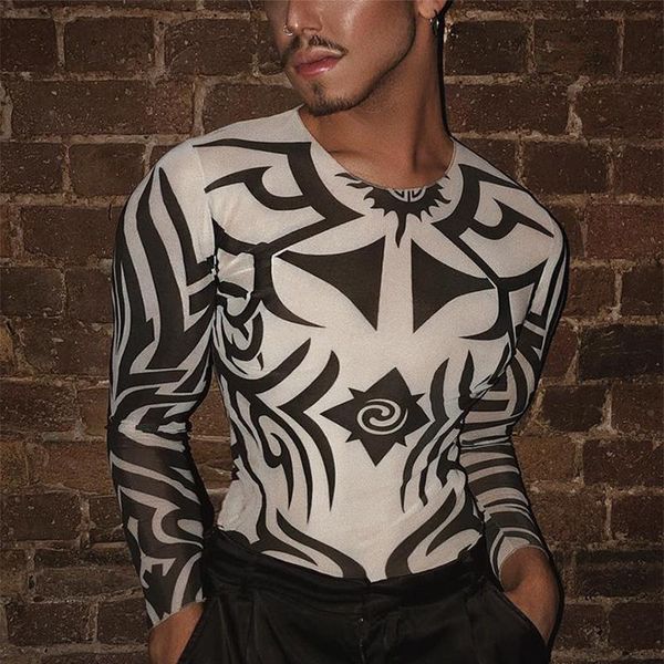 

men's t-shirts 2022 fashion men printed t shirt o-neck long sleeve mesh see through clothing streetwear casual underwear incerun, White;black