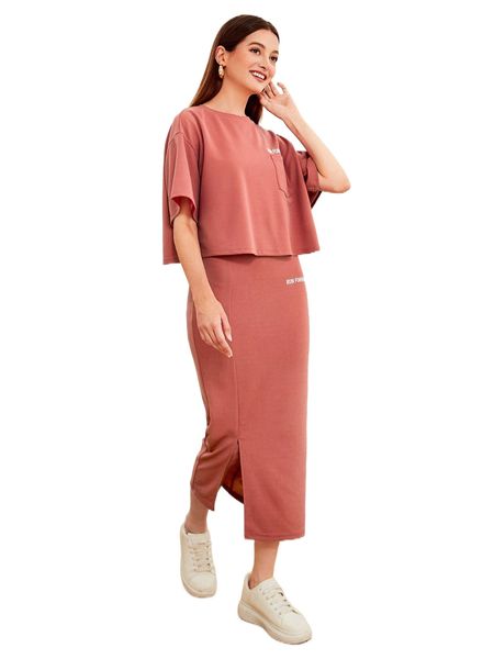 

letter graphic patched pocket drop shoulder tee & split hem skirt 21qs#, White