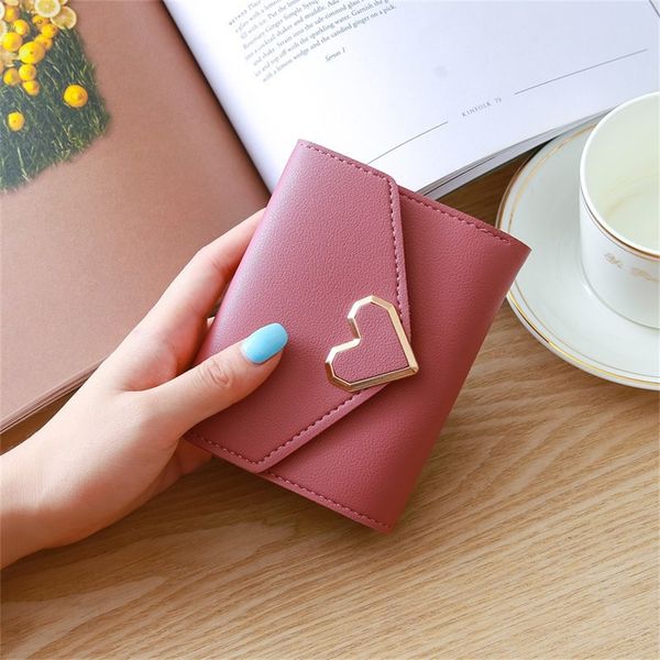 

2021 fashion retro sweet style wallet heart shaped buckle short wallet card case pocket ladies wallet pure color mini clutch, Red;black