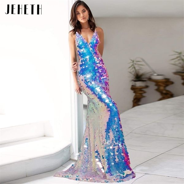 

jeheth luxury sequin mermaid evening dresses for women long deep v neck prom party gown with train backless spaghetti strap 220627, White;black