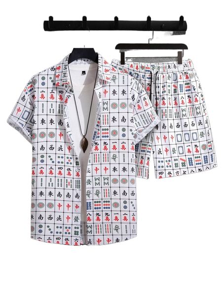 

men random mahjong print shirt & drawstring waist shorts without tee x7w5#, Gray
