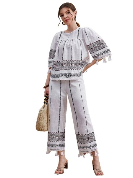 

tassel trim graphic print q7yl#, White