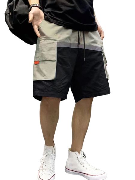 

men color-block drawstring waist flap pocket shorts n2au#, White;black
