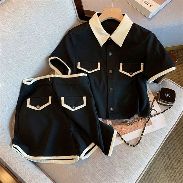 

women black shorts sets short sleeve turn-down collar shirts hight waist shorts high street harajuku solid casual outfits 220514, White