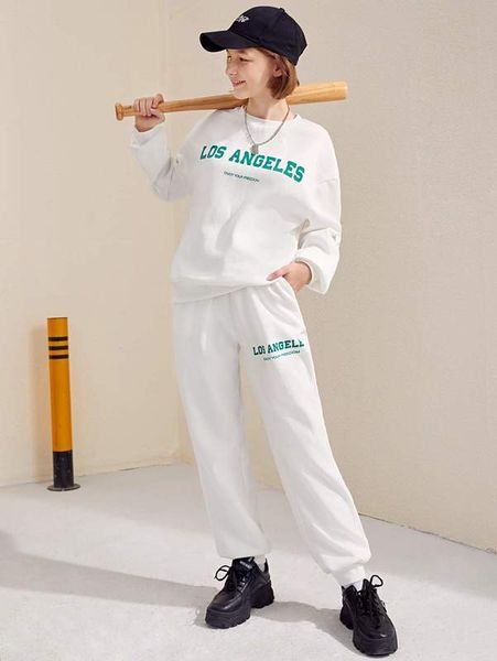 

teen girls letter graphic drop shoulder sweatshirt & sweatpants she, White