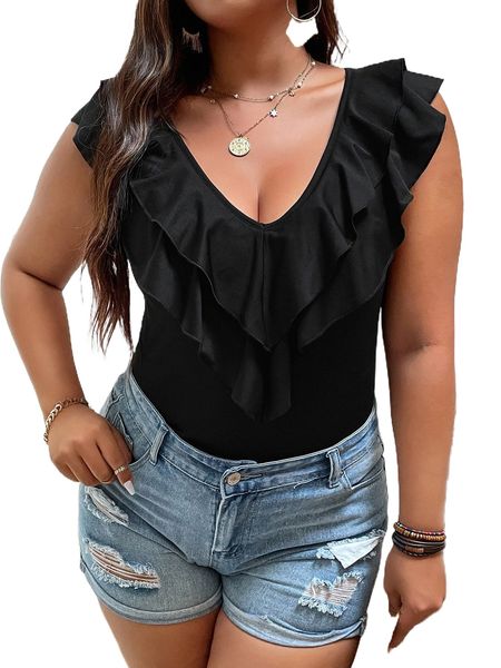 

plus solid ruffle trim tee a5ff#, Black
