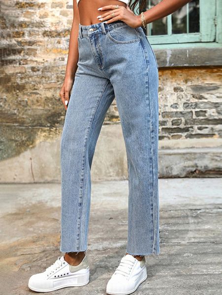 

frayed hem straight leg jeans x6kp#, Blue