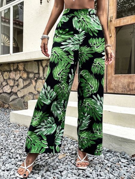 

tropical print wide leg pants k1ht#, Black;white
